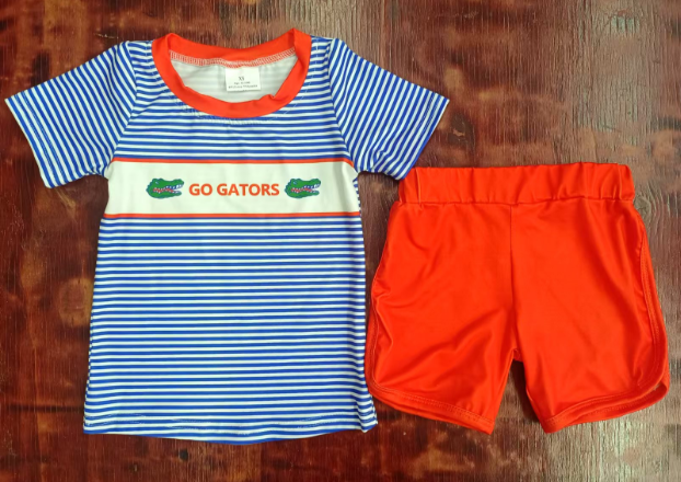 Preorder moq 5 Baby Boys Short Sleeves Blue Stripe Go Gators Top Orange Short Set