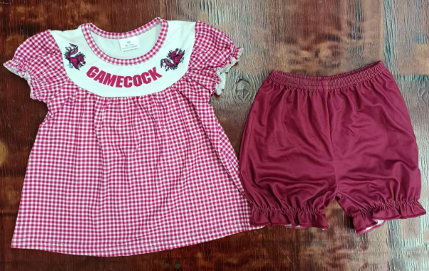 Preorder moq 5 Baby Girls Red Plaid Short Ruffle Sleeves Gamecock Tunic Ruffle Shorts Set
