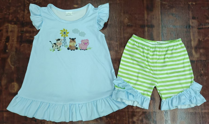Preorder moq 5 Baby Girls Flutter Sleeves Cows Pigs Tunic Stripe Ruffle Short Farm Sets