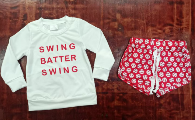 Preorder moq 5 Baby Girls Long Sleeves Swing Batter Top Red Baseballs Pockets Short Sets