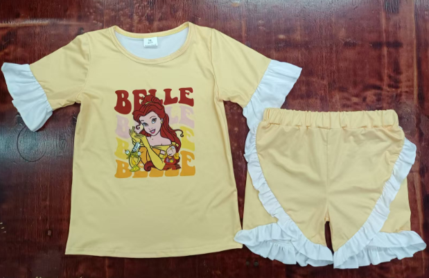 Preorder moq 5 Baby Girls Yellow Short Sleeves Princess Belle Top Ruffle Short Set