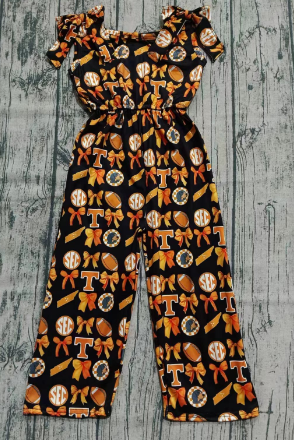 Preorder (moq 5)Baby Girls Bows Sleeveless Orange T Bows Footballs Team Jumpsuits