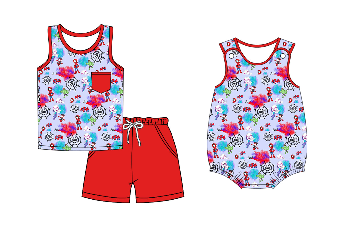 Preorder moq 5 Custom Baby Boys Cartoon Spider-Men Top Pockets Short Set Rompers