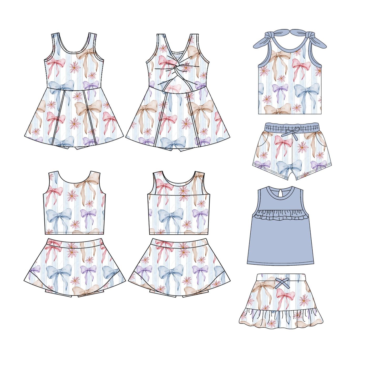 Preorder moq 5 Custom Baby Girls Blue Bows Flowers Top Pockets Short Set Skort Knee Length Dress Skirts Set