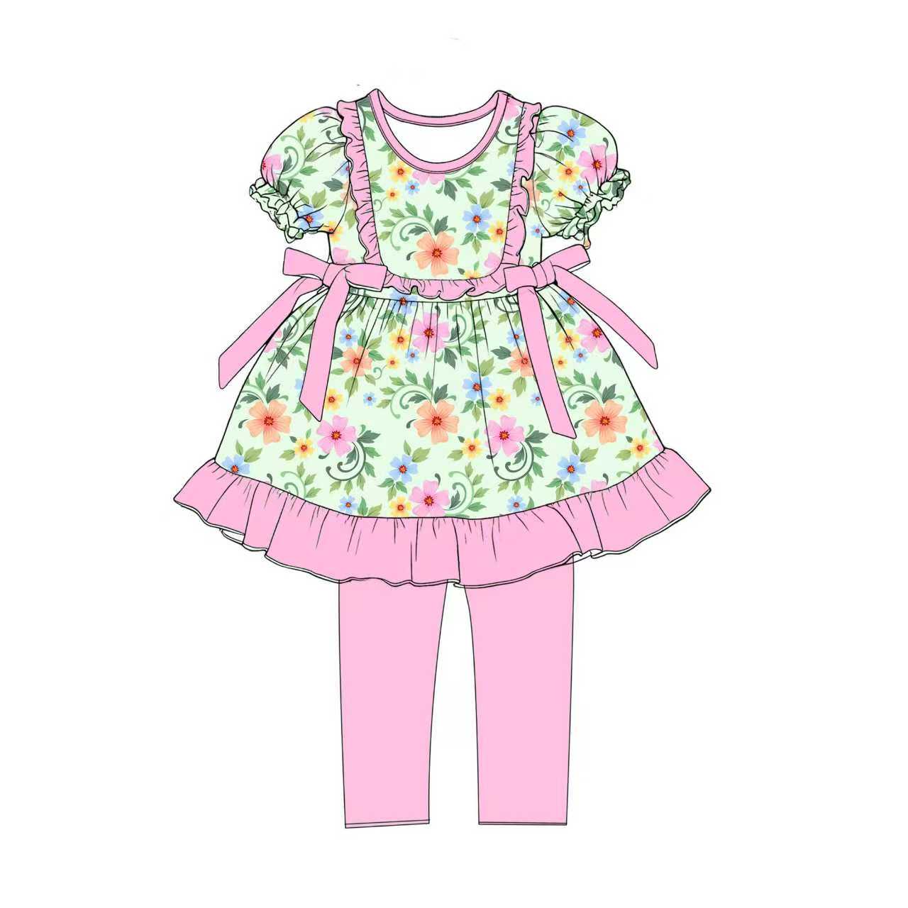Preorder (moq 5)Baby Girls Colorful Flowers Bows Tunic Legging Pants Clothes Sets