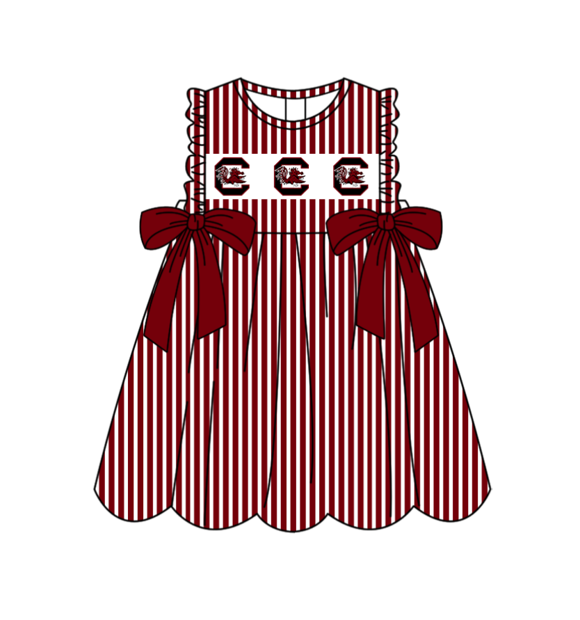 Preorder (moq 5)Baby Girls Sleeveless Dark Red Stripe C Bulls Bows Team Knee Length Dresses