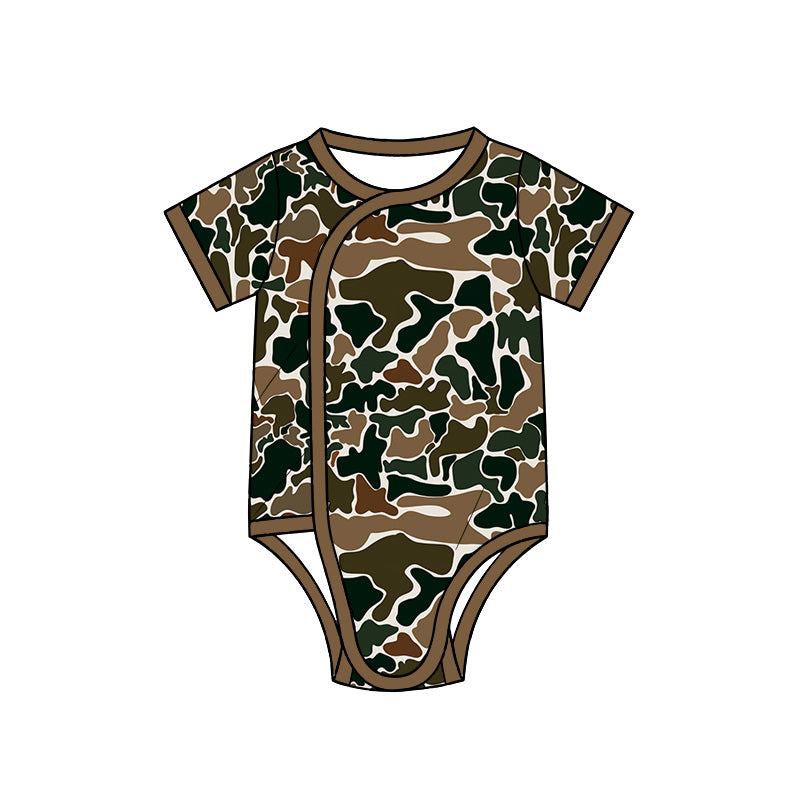 Preorder (moq 5) Baby Boy Clothes Dark Forest Hunting Camo Print Short Sleeve Side Snap Romper