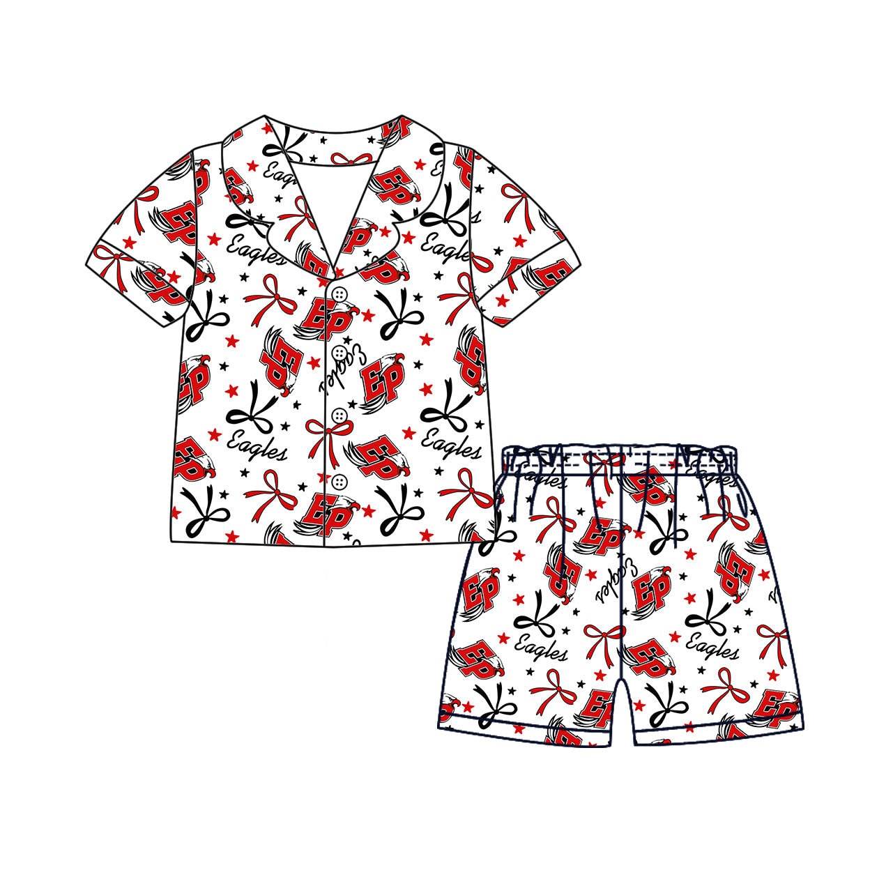 Preorder moq 5 Adult Women Short Sleeves Red EP Bows Stars Button Top Short Team Pajamas Set