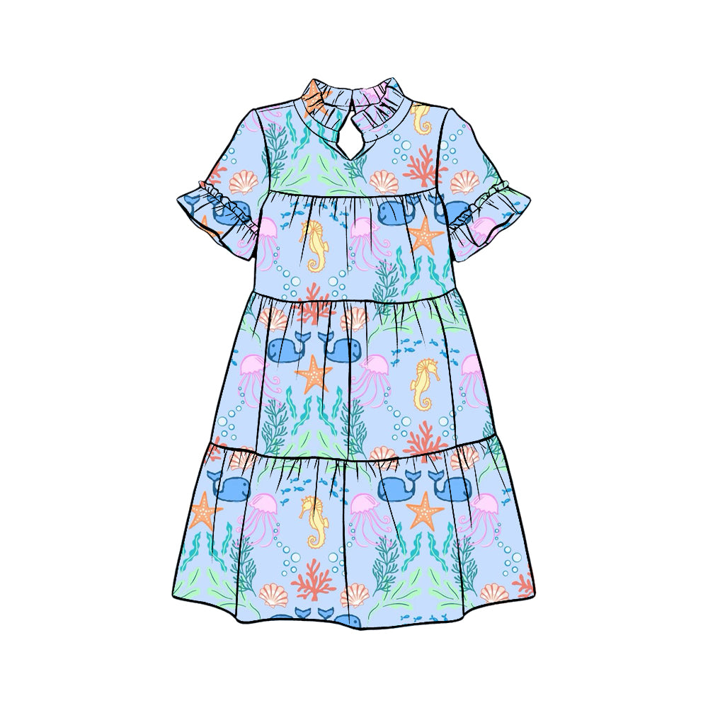 Preorder (moq 5)Baby Girls Short Ruffle Sleeve Sea World Patchwork Knee Length Dresses