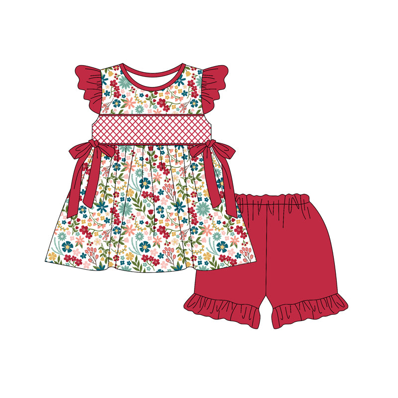 Preorder (moq 5)Baby Girls Red Flutter Sleeves Bows Floral Tunic Ruffle Short Sets