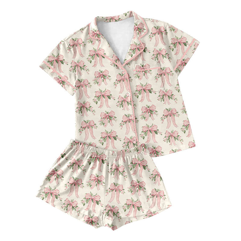 Preorder moq 5 Adult Women Peach Flowers Bows Button Pockets Top Shorts Pajamas Sets