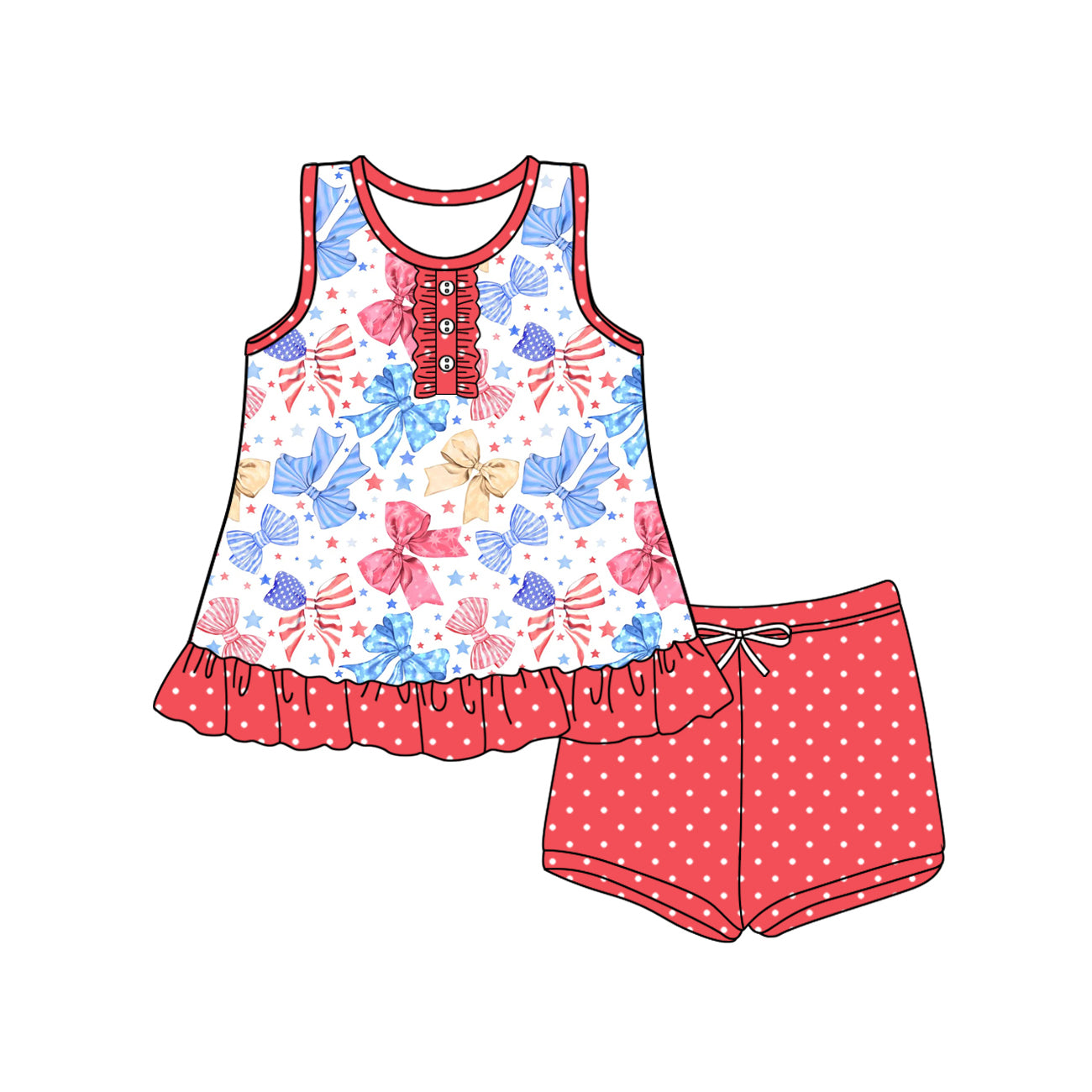 Preorder (moq 5)Baby Girls Sleeveless Button Blue Red Bows Stars Tunic Red Polka Dots Short 4th Of July Set