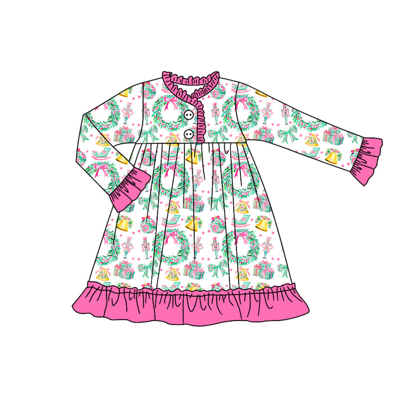 Preorder (moq 5)Baby Girls Long Sleeves Holly Soldiers Button Ruffle Knee Length Dresses