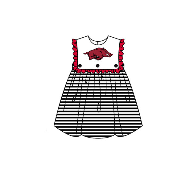 Preorder moq 5 Baby Girls Sleeveless Black Stripe Red Bulls Team Knee Length Dresses