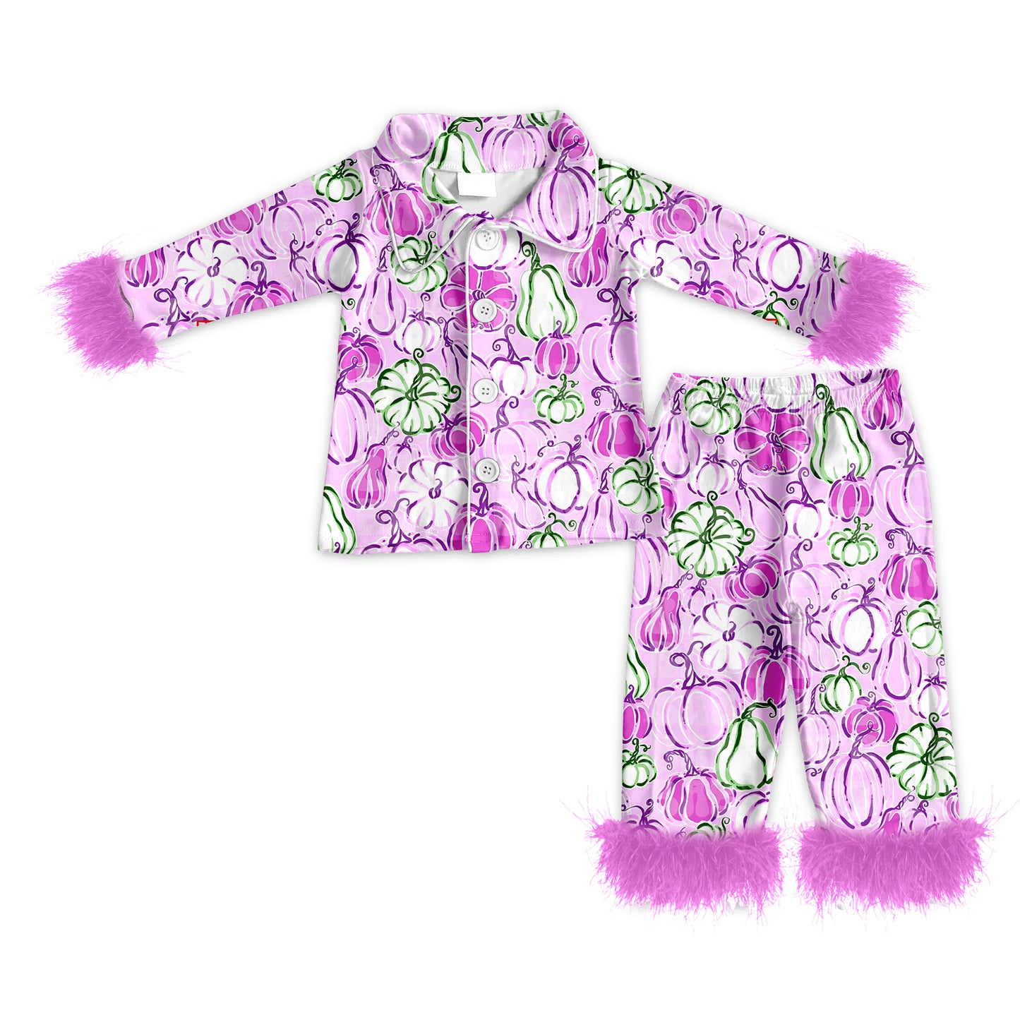 Preorder (moq 5)Baby Girls Long Sleeves With Fur Pink Floral Pumpkins Button Top Pant Pajamas Set