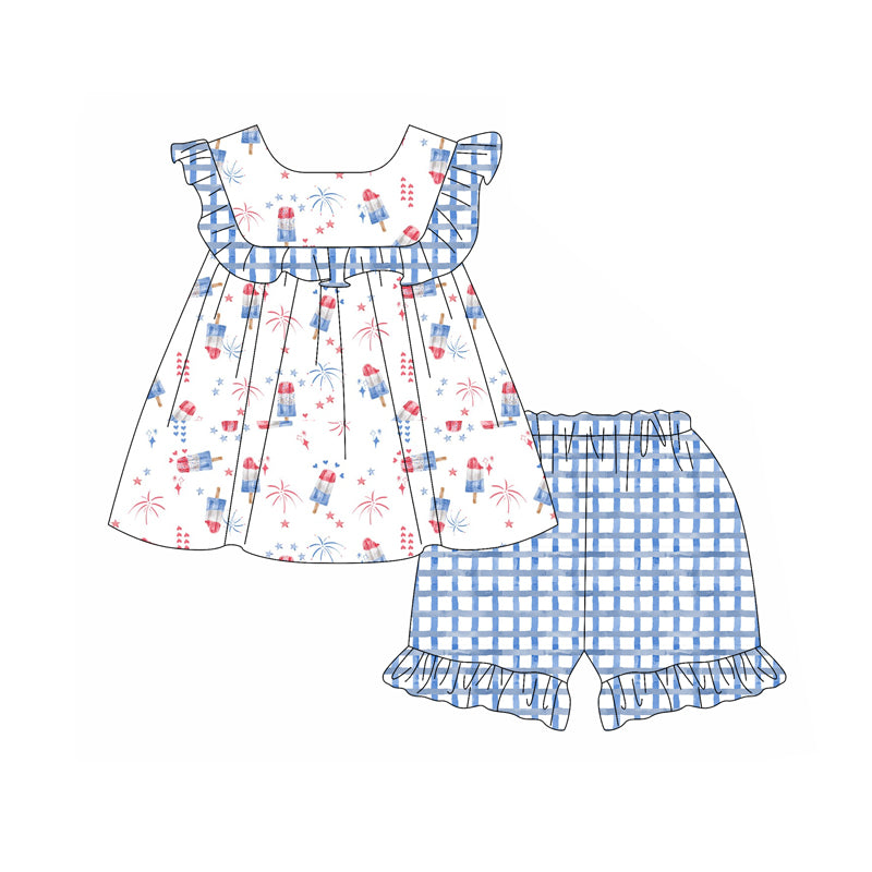 Preorder (moq 5)Baby Girls Popstick Firework Tunic Top Ruffle Shorts Clothes Sets