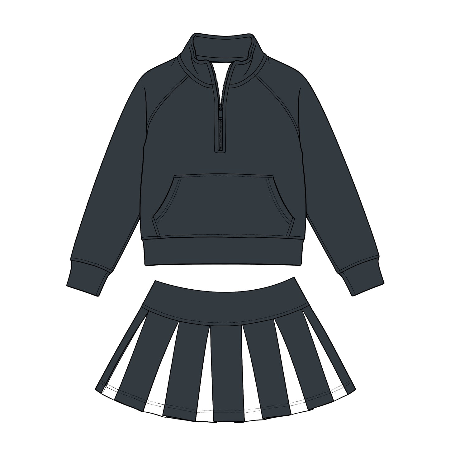 Preorder (moq 5) Baby Girls Black Zip Pockets Pullovers White Pleated Skirt Short Clothes Sets