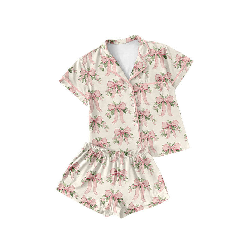 Preorder(moq 5) Baby Girls Peach Flowers Bows Button Pockets Top Shorts Pajamas Sets