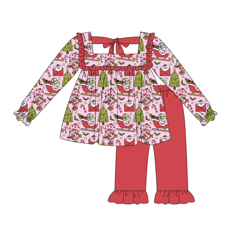 Preorder (moq 5)Baby Girls Pink Long Sleeves Candy Cane Trees Tunic Ruffle Pant Set