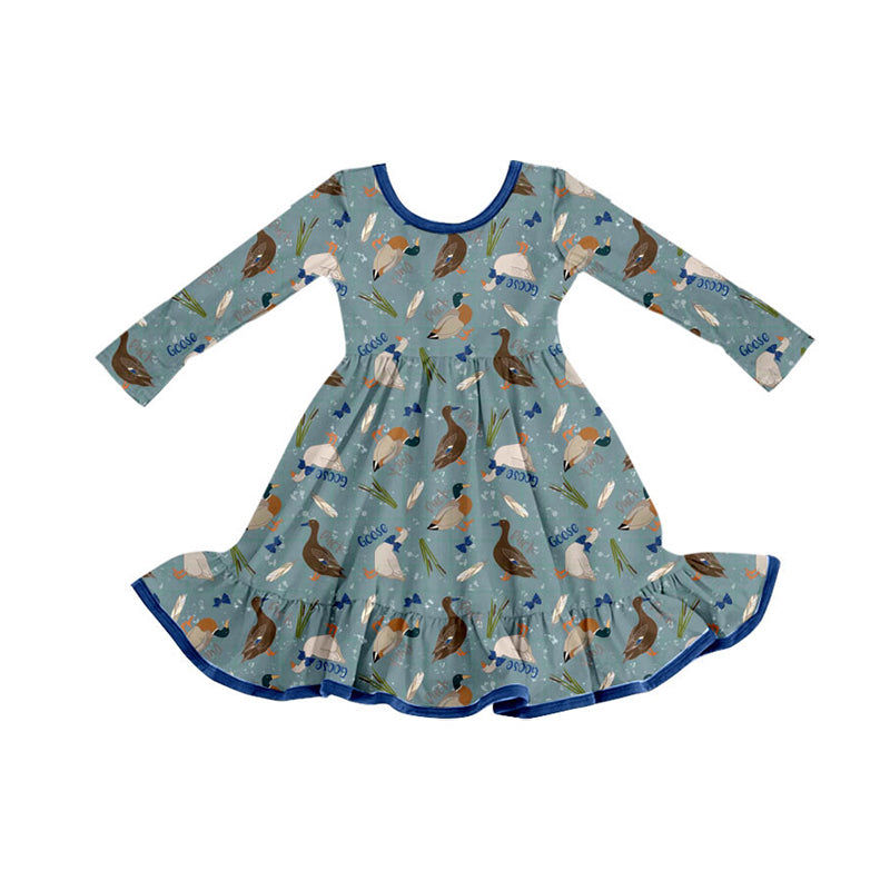 Preorder (moq 5)Baby Girls Hot Blue Ducks Gooses Plaid Ruffle Knee Length Dresses