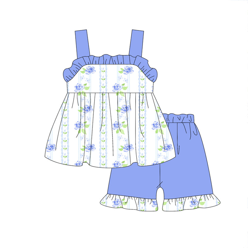 Preorder (moq 5)Baby Girls Blue Strap Floral Stripe Tunic Ruffle Short Set Preorder