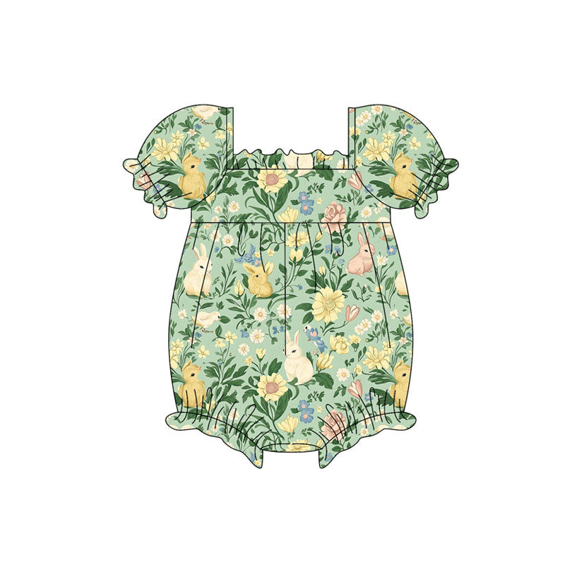 Preorder (moq 5)Baby Girls Green Short Sleeve Rabbits Flowers Easter Ruffle Rompers