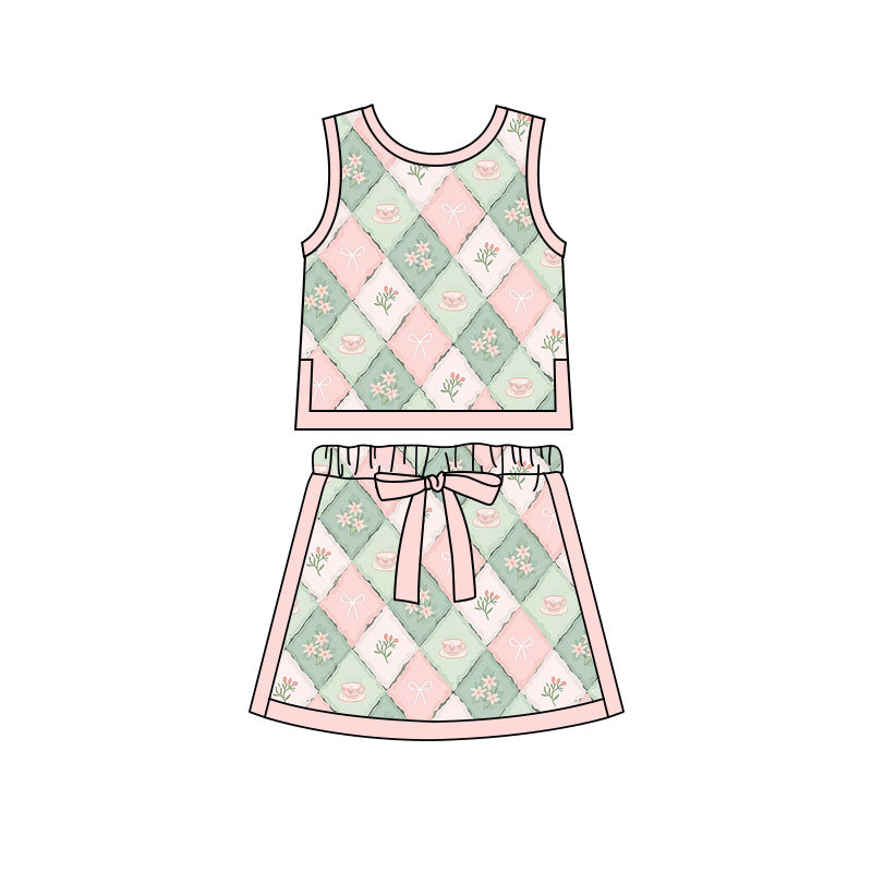 Preorder moq 5 Baby Girls Flower Coffee Checked Vests Skirt Shorts Clothes Set