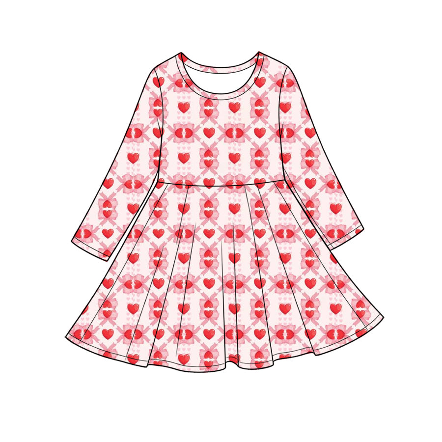 Preorder (moq 5) Baby Girl Clothes Red Bow Heart Lattice Mixed Print Long Sleeve Twirl Dress