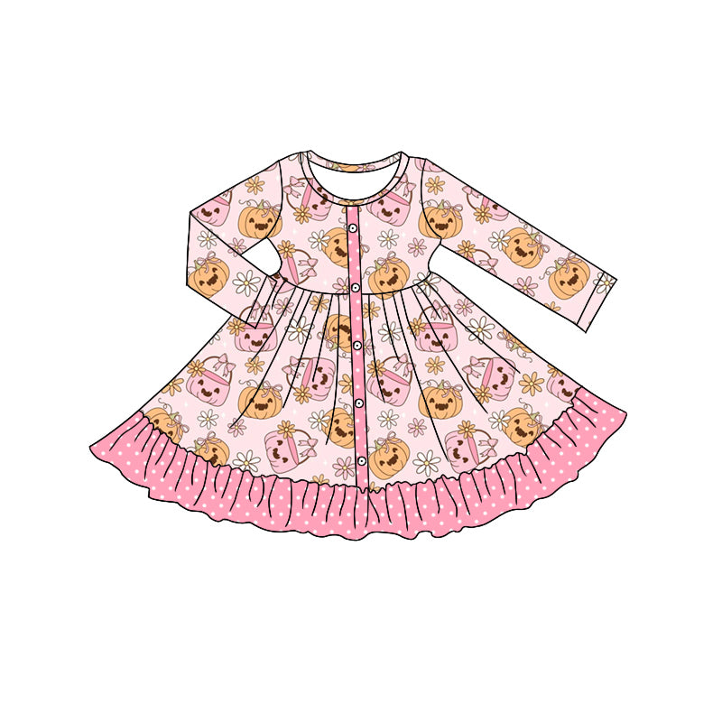 Preorder moq 5 Baby Girls Pink Long Sleeves Flowers Pumpkins Button Ruffle Knee Length Dresses