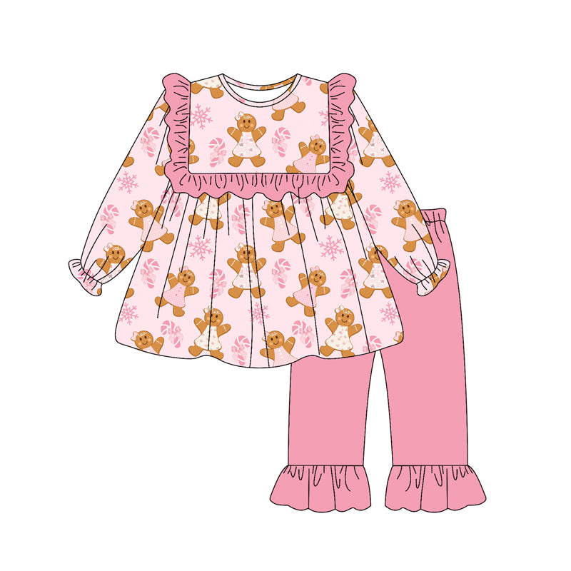 Preorder (moq 5)Baby Girls Long Sleeves Pink Candy Cane Gingerbread Tunic Ruffle Pant Clothes Set