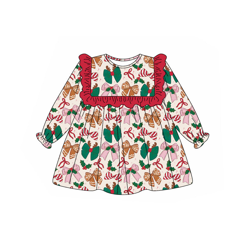 Preorder (moq 5)Baby Girls Long Ruffle Sleeves Colorful Bows Knee Length Dresses