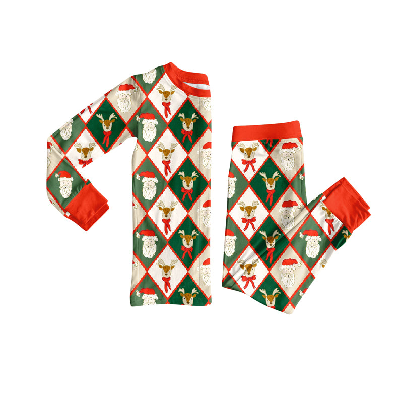 Preorder (moq 5)Baby Boys Long Sleeves Santa Deer Plaid Top Pant Pajamas Set