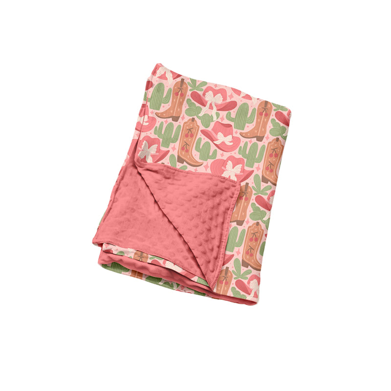 Preorder (moq 5) Baby Girl Clothes Cowboy Boot Cactus Mixed Print Minky Dot Backing Baby Swaddle Blanket