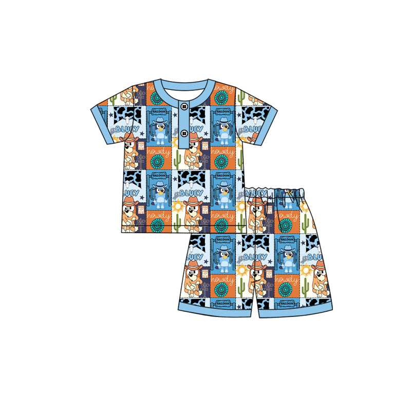 Preorder moq 5 Baby Boys Blue Short Sleeves Cartoon Dogs Cactus Button Top Shorts Pajamas Set