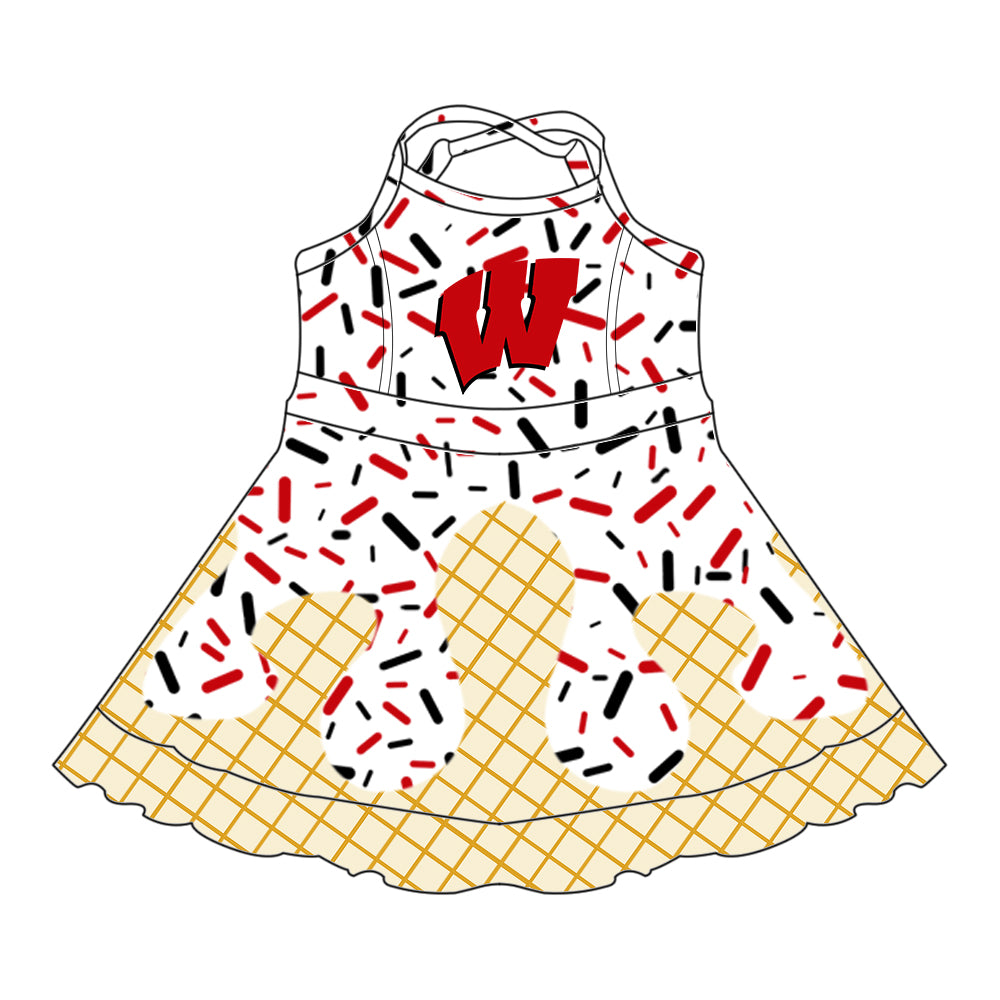 Preorder (moq 5)Baby Girls Strap Red W Drip Shorts Ruffle Team Knee Length Dresses