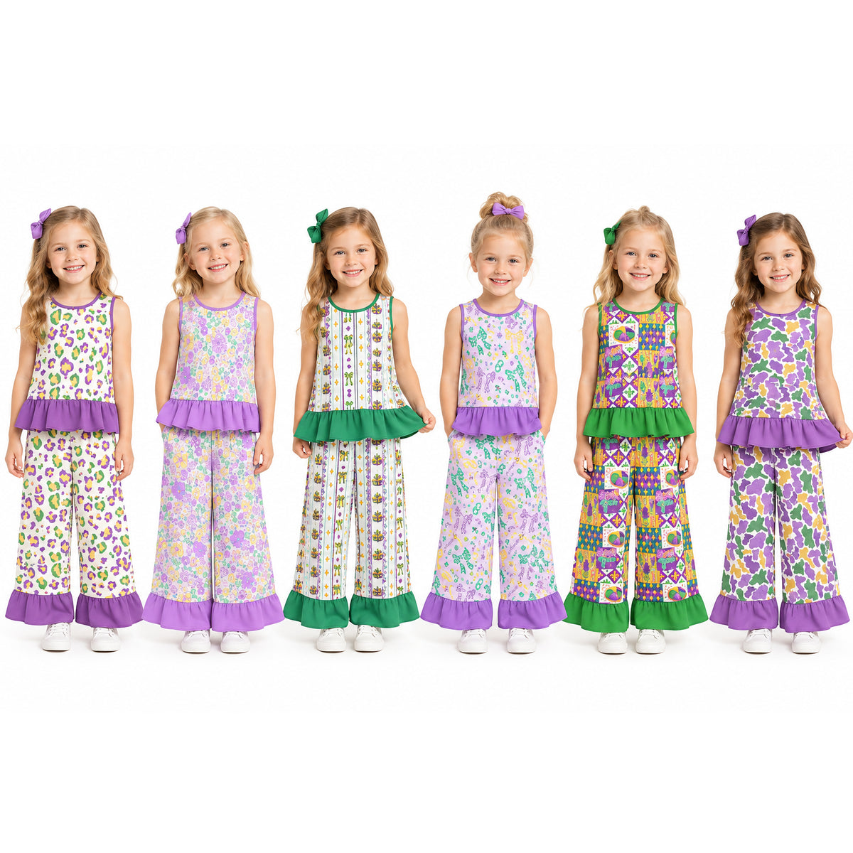 Preorder (moq 5) Baby Girl Clothes Mardi Gras Purple Yellow Floral Print Sleeveless Ruffle Top Flare Pant Set