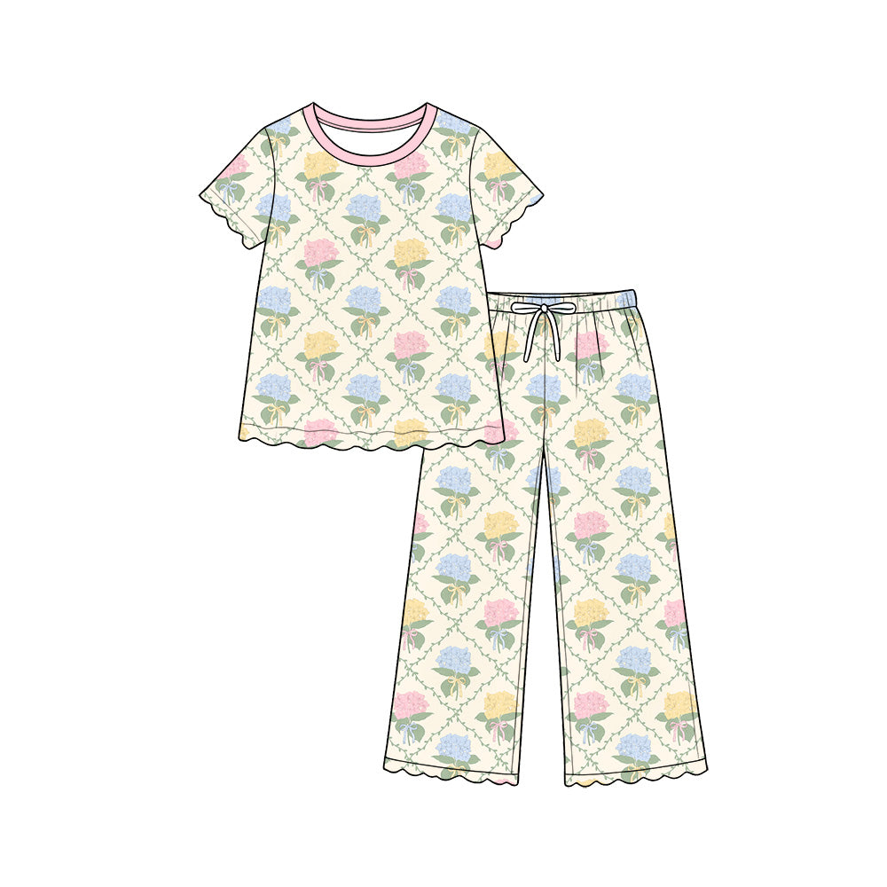 Preorder (moq 5) Baby Girl Clothes Multi Hydrangea Bow Lattice Mixed Print Short Sleeve Scallop Pajama Pant Set