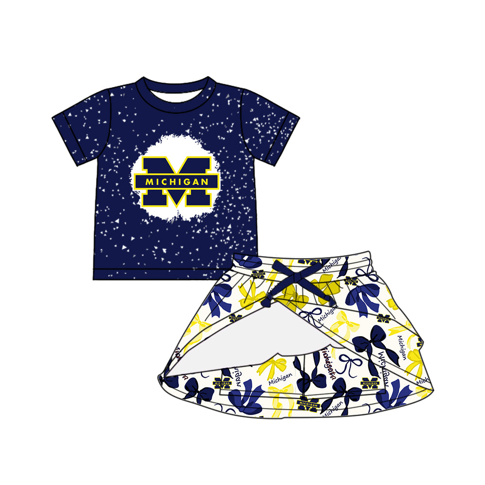 Preorder (moq 5)Baby Girls Navy Short Sleeves M Michigan Top Bows Plaid Skorts Team Set
