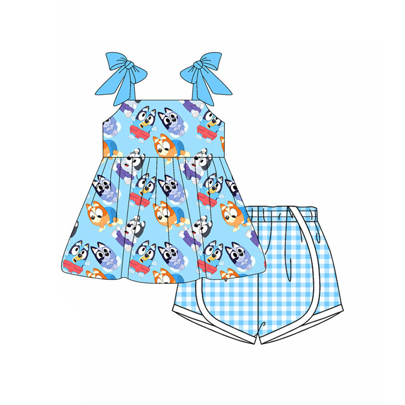 Preorder moq 5 Baby Girls Blue Strap Cartoon Dogs Tunic Plaid Shorts Set