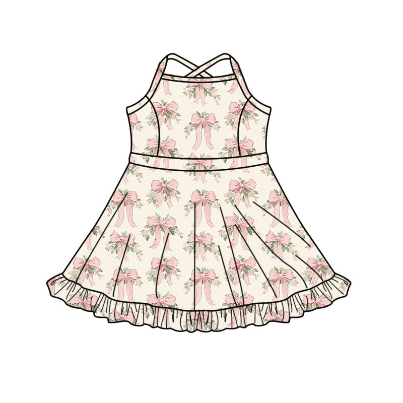 Preorder(moq 5) Baby Girls Strap Peach Bows Flowers Shorts Ruffle Knee Length Dresses