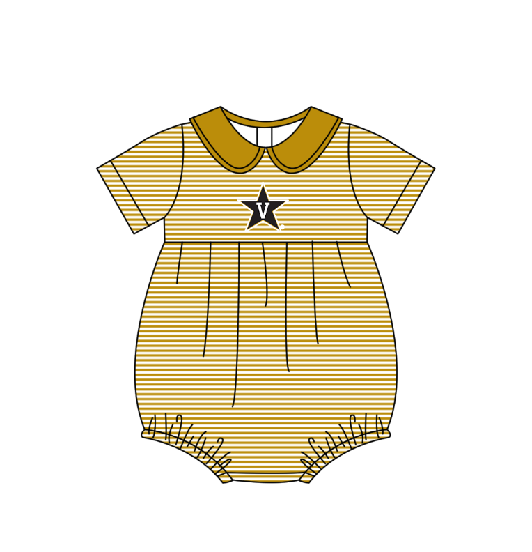 Preorder (moq 5)Baby Girls Short Sleeve Gold V Team Ruffle Rompers