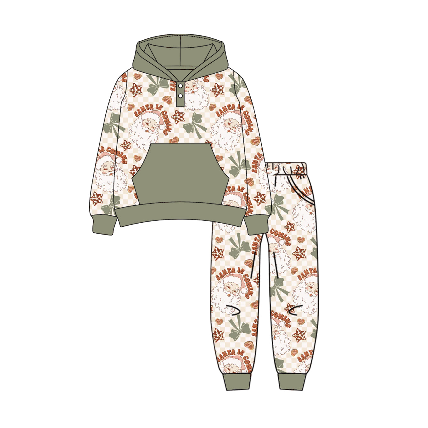 Preorder (moq 5)Baby Boys Olive Long Sleeves Bows Santa Pocket Button Hoodies Legging Pant Sets