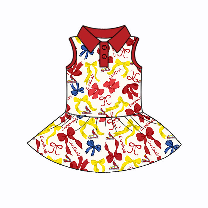 Preorder (moq 5)Baby Girls Sleeveless Red Yellow Bows Plaid Cardinals Button Team Knee Length Dresses