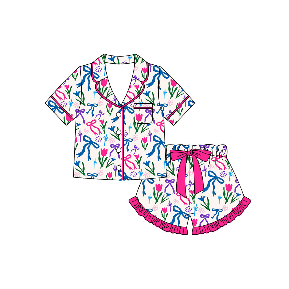 Preorder moq 5 Baby Girls Colorful Bows Flowers Button Pocket Top Ruffle Shorts Pajamas Set