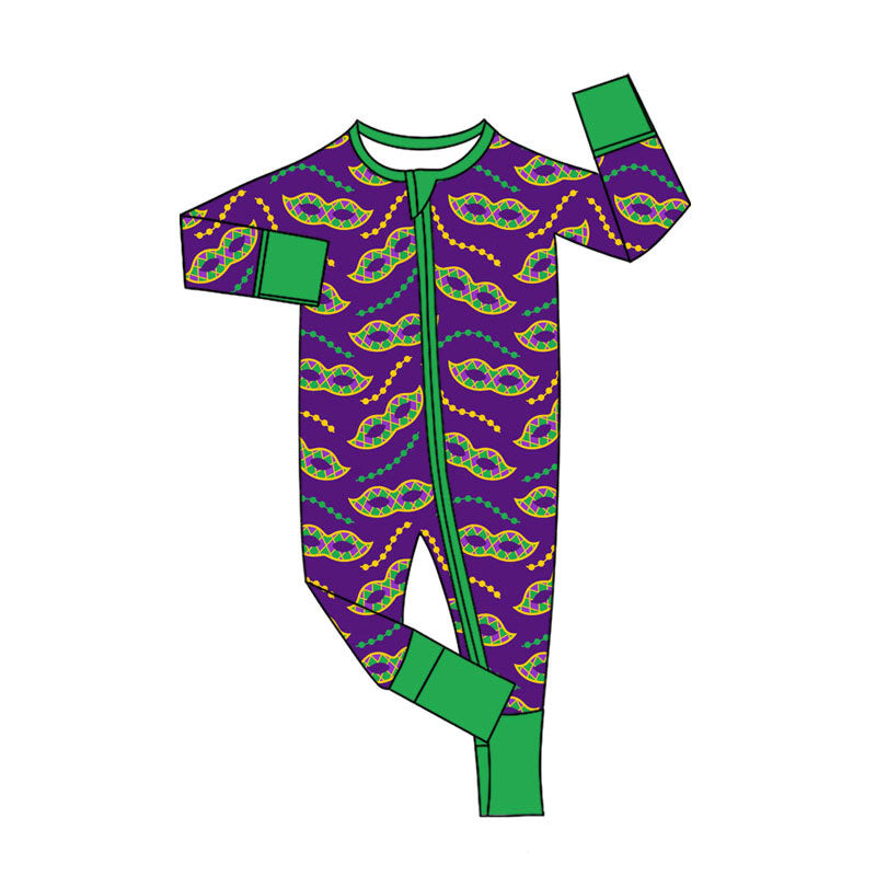 Preorder (moq 5)Baby Boys Mardigras Masks Necklaces Two Way Zipper Convertible Rompers