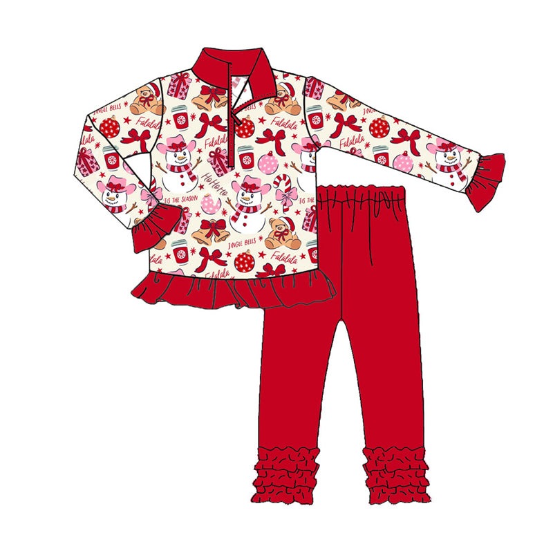 Preorder (moq 5)Baby Girls Gifts Snowmen Zipper Pullover Ruffle Leggings Christmas Clothes Sets