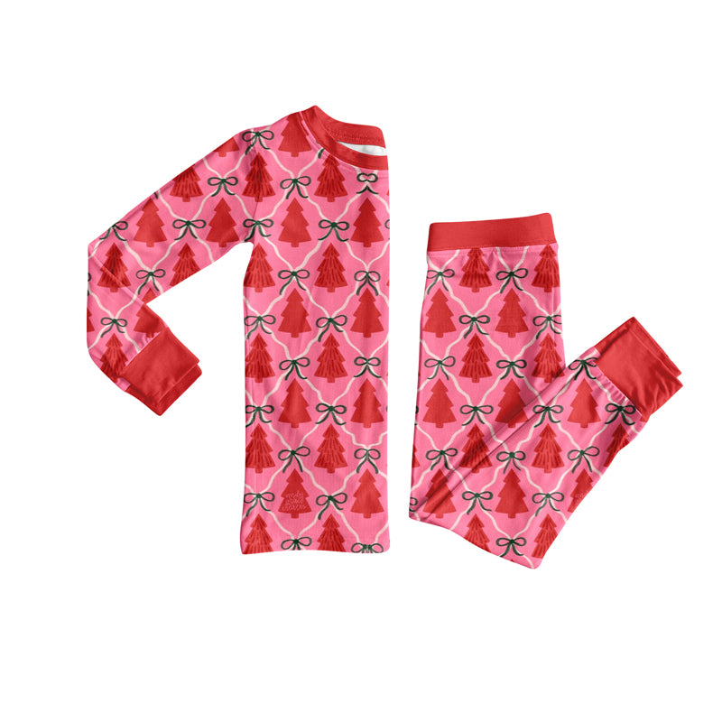 Preorder (moq 5)Baby Girls Long Sleeves Red Bows Trees Plaid Top Pant Pajamas Sets
