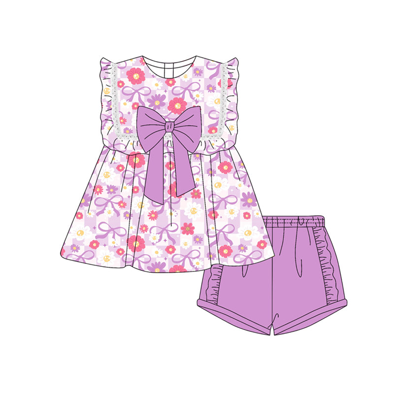 Preorder moq 5 Baby Girls Sleeveless Lavender Flower Bows Tunic Ruffle Short Set
