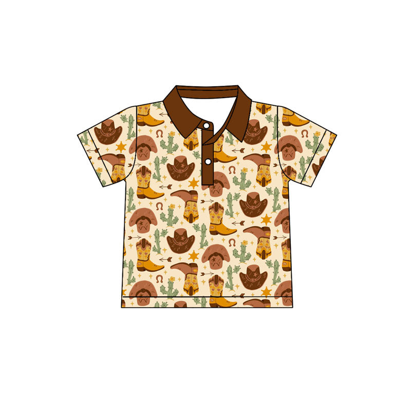 Preorder(moq 5) Baby Boys Short Sleeve Cactus Boots Button Western Pullovers Top