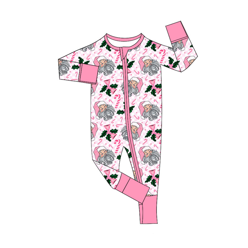 Preorder (moq 5)Baby Girls Pink Long Sleeves Candy Cane Santa Zipper Rompers